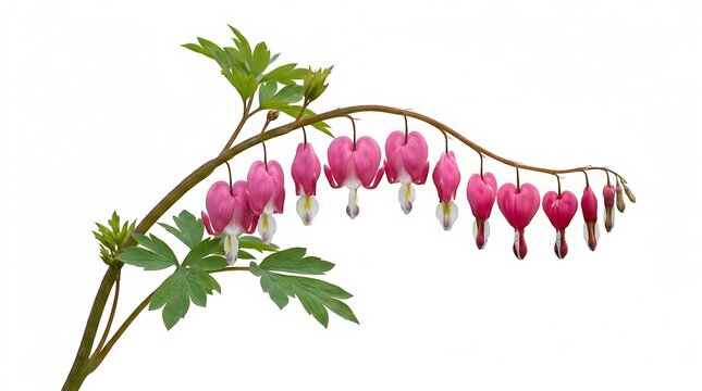 Stunning stem of pink bleeding heart flowers isolated on white background.