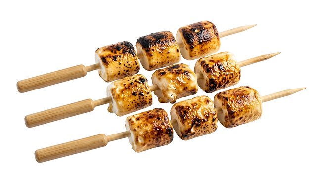 Three skewers of toasted golden brown marshmallows isolated on white background.