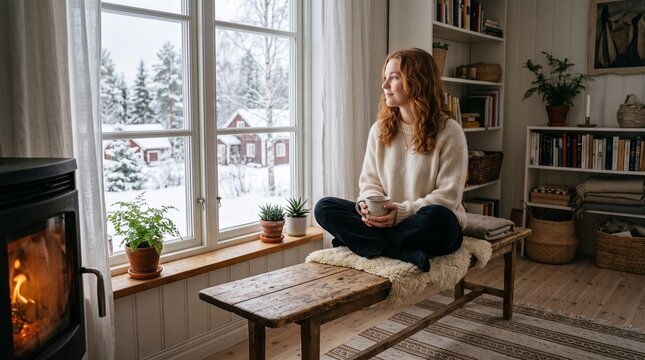 Young woman enjoying warm drink by snowy window. Cozy female relaxing with hot beverage in winter home setting.