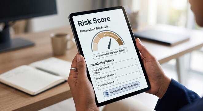 User holding tablet displaying AI personalized risk score profile with moderate growth gauge chart and investment recommendation