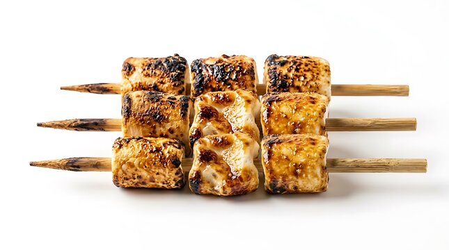 Three skewers of perfectly toasted golden brown marshmallows on white background.