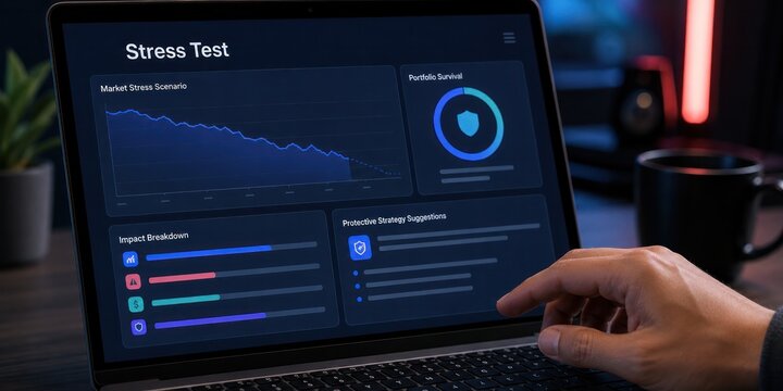 User using laptop trackpad to run AI portfolio stress test analyzing market stress scenario and protective strategy suggestions