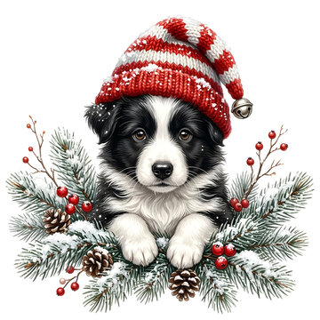 An endearing clip art of a tiny Border Collie puppy, wearing a knitted red and white striped elf hat, sitting on a snow-covered branch, inspired by the seasonal elements of il_1588xN.6512973875_ruy0.w