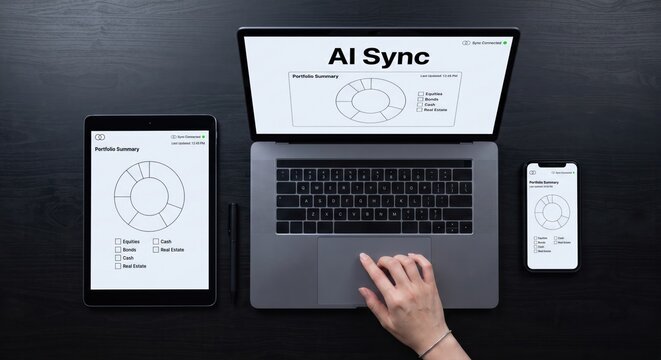 Top view of user operating laptop displaying cross device AI sync portfolio summary with connected tablet and smartphone