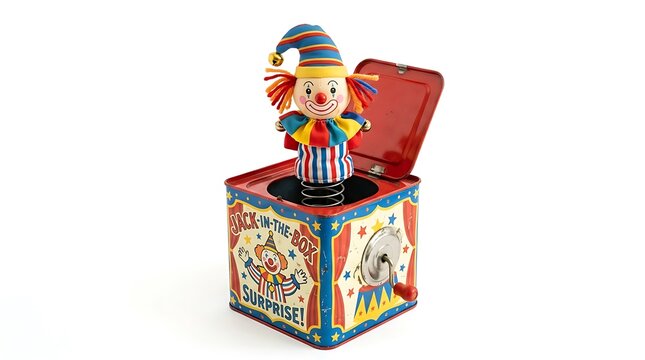 Vintage style Jack in the box toy with a clown popping out.