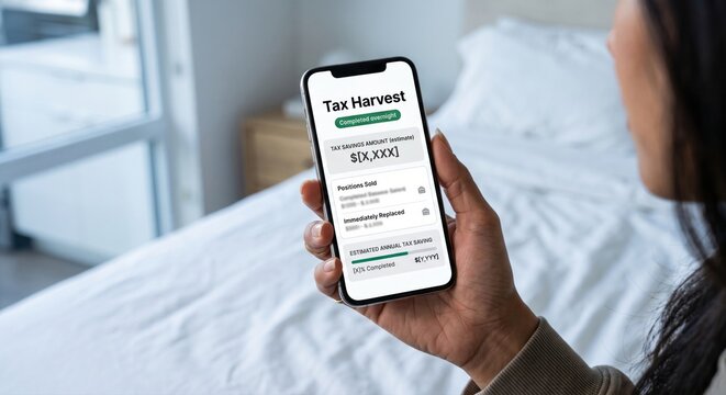 Woman holding smartphone displaying AI tax harvest completed overnight with estimated annual tax savings dashboard in bedroom