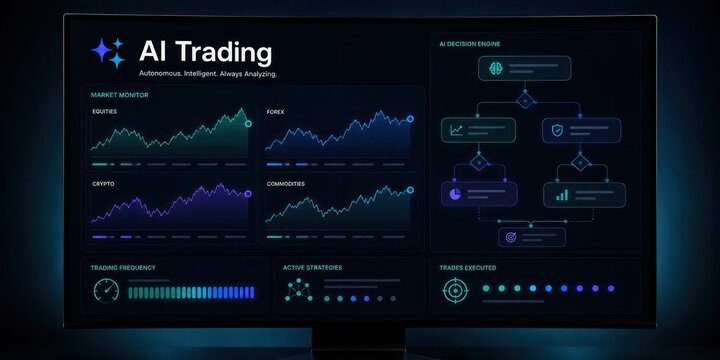 Monitor screen displaying AI trading dashboard with market monitor equities forex crypto commodities and decision engine flowchart