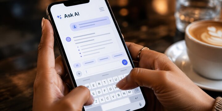 Close up of hands typing on smartphone screen to ask AI financial chatbot assistant in coffee shop