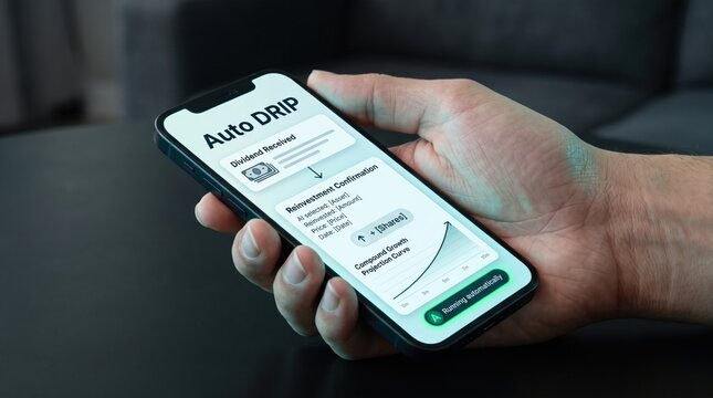 User holding smartphone displaying auto DRIP dividend reinvestment confirmation app with compound growth projection curve