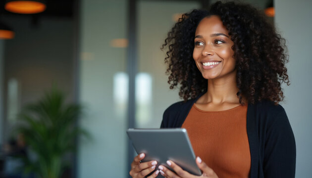Smiling Black woman with tablet. She looks away. Pro woman in modern office holding digital device. Businesswoman with curly hair plans future.