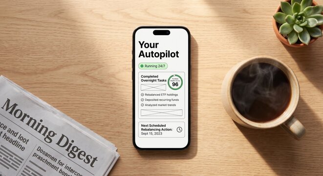 Flat lay of smartphone displaying your autopilot investment app with completed overnight tasks next to coffee cup and newspaper