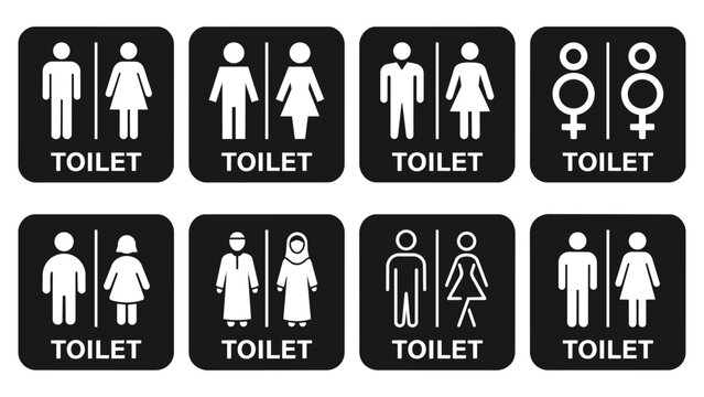 Collection of modern and diverse restroom signs and toilet icons with restroom bathroom facility isolated pictogram identification