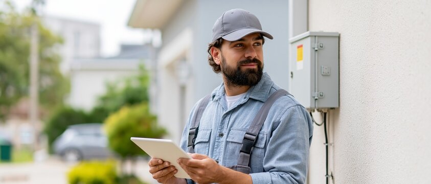 Electrician using tablet near electrical box
