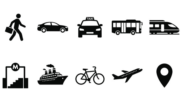 Set of public transportation and commute silhouette icons with transportation navigation commuter airplane location silhouette