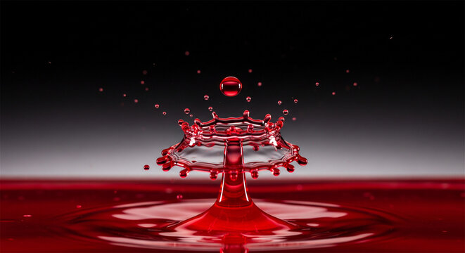 Dynamic red liquid splash frozen in time with delicate droplets and ripples