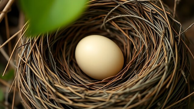 Single cuckoo egg lying in a nest belonging to a smaller bird.