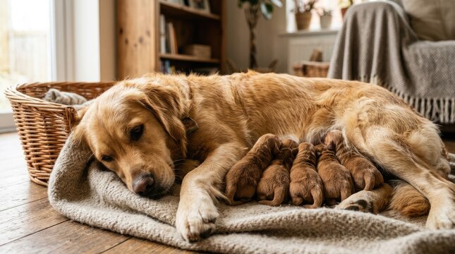 Golden Retrievers Nurturing Puppies in Cozy Indoor Setting