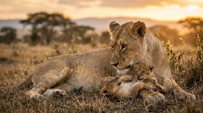 Tender Moment Between Lioness and Her Adorable Lion Cubs at Sunset