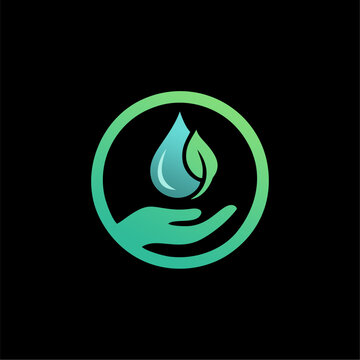 Hand holding water drop and leaf icon. Eco friendly nature conservation logo design.