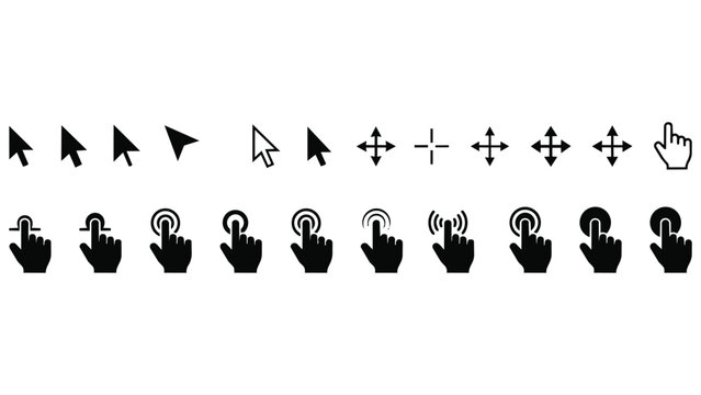 Set of cursor and hand gesture touch screen icons with interface technology navigation interaction computing application software