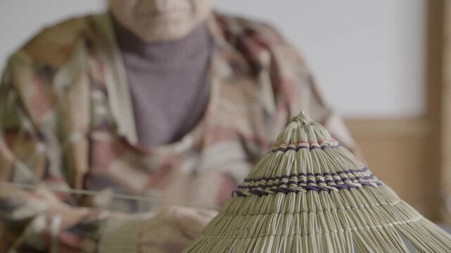 Elderly Artisan Weaving Traditional Bon Odori Hat by Hand in Ugo Town 