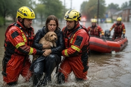 Rescue team helping to transport a woman with a dog from a flooded area