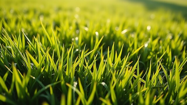 Lush green lawn with stolon network connecting grass clusters, morning dew.