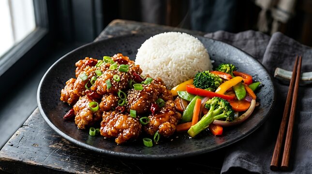 Stir fried chicken with fresh colorful vegetables and white rice served on a dark rustic plate meal. general tso chicken