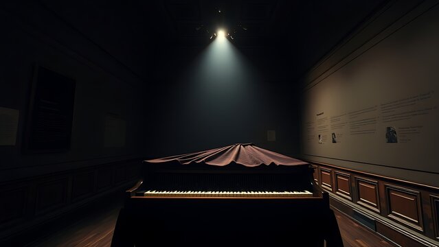 A museum gallery with a single harpsichord covered in velvet under a dramatic spotlight.