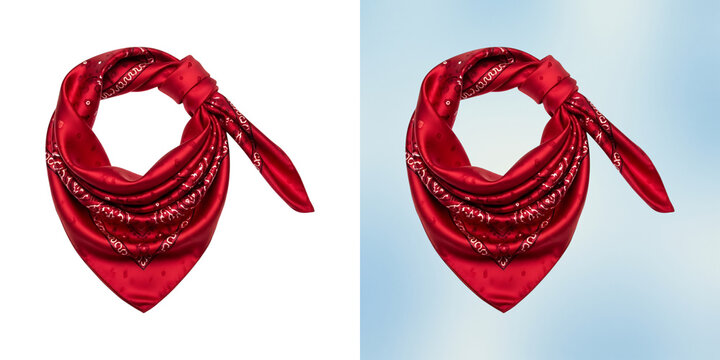 A folded red silk bandana with a white paisley pattern on a transparent background, isolated fashion accessory for casual wear isolated on a transparent background
