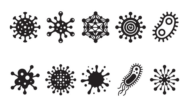 Set of various virus and bacteria icons, microscopic pathogens and germs in black and white vector illustration