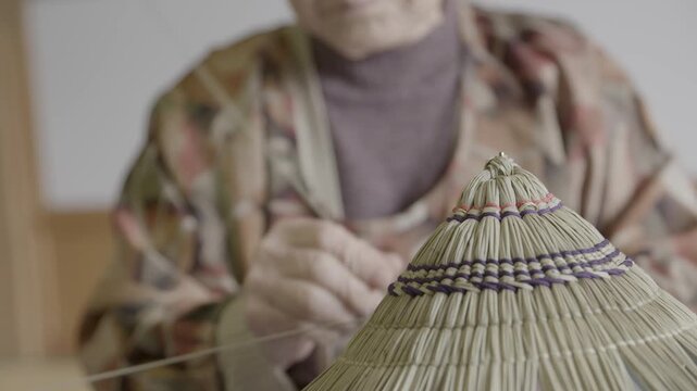 Elderly Artisan Weaving Traditional Bon Odori Hat in Ugo Town Akita Pr