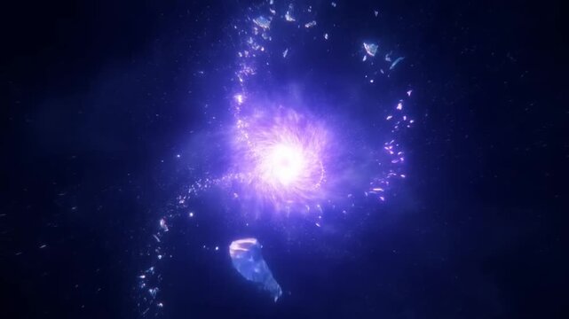 Tracking dolly zoom of glowing purple vortex spiral pulling floating debris in deep space void with luminous nebula and swirling particles