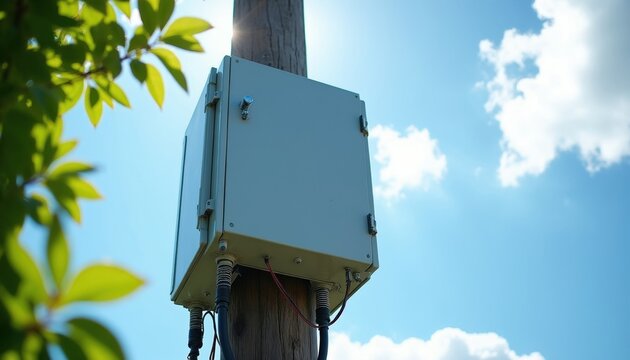 Grey metal telecom box mounted on wooden utility pole outdoors. Secure enclosure equipment provides broadband internet connection wires for urban area network system. Sunlight shines behind post