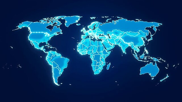 Slow pan of glowing digital world map with highlighted country borders on dark interface background