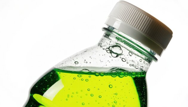 Electrolyte drink concept. Close-up of a plastic bottle cap with green liquid and air bubbles inside the bottle.