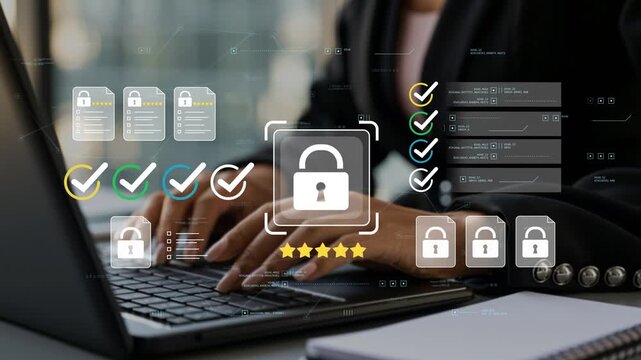 Secure business data management with animated lock icon, digital compliance checklist, cybersecurity interface and enterprise information security platform
