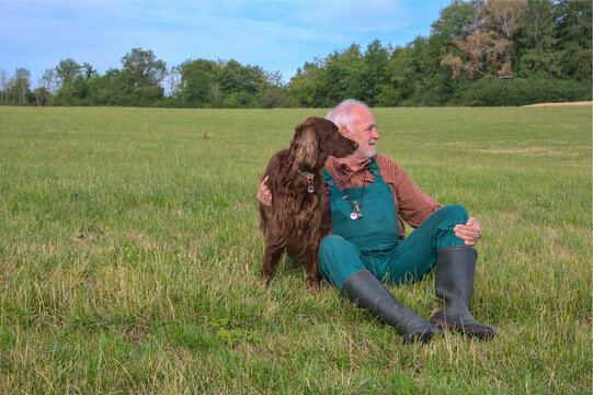 An older man wearing green dungarees and rubber boots sits in a wide green pasture next to his beautiful Irish Setter, enjoying a peaceful lifestyle moment together in the countryside.