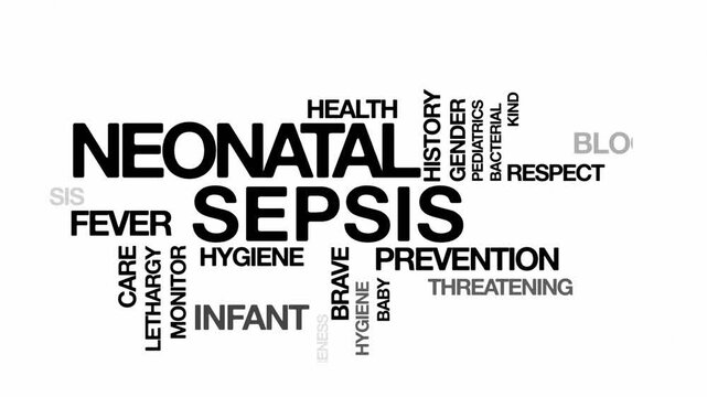 Neonatal sepsis concept Animated Tag Word Cloud kinetic typography, Text Design Animation typography seamless loop video motion graphics Intro Wordart arrangement black type on white background