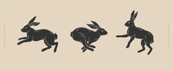 Three running and jumping hares in different poses, drawn in a minimalist vintage silhouette style. Ideal for logos, branding, packaging, prints, textiles, stickers, and nature-themed designs. © KOSIM