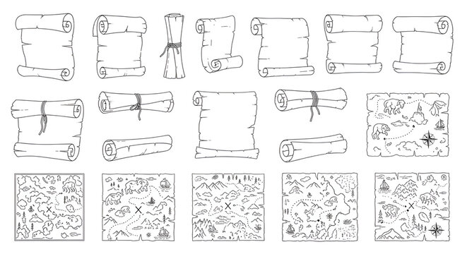 Minimalist Line Art Collection of Fantasy Treasure Maps and Rolled Parchment Scrolls