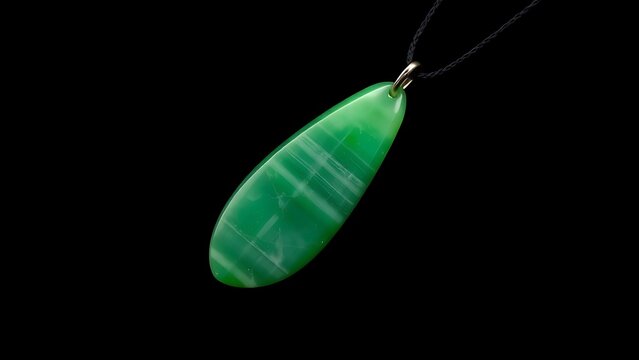 A slender green jade pendant shaped like a silique on a dark background.