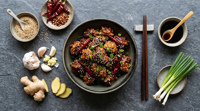 Top view of a stir fry chicken dish in a black bowl with sesame seeds and fresh ingredients around. general tso chicken