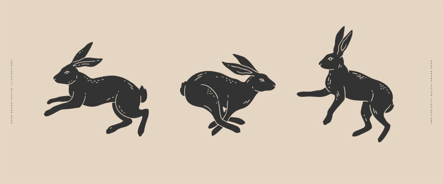Three running and jumping hares in different poses, drawn in a minimalist vintage silhouette style. Ideal for logos, branding, packaging, prints, textiles, stickers, and nature-themed designs.