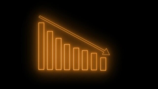 Glowing neon-style bar chart with descending bars and a downward arrow animation on black background