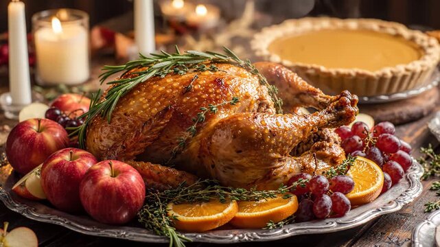 Roasted thanksgiving turkey with fresh herbs and fruit garnish