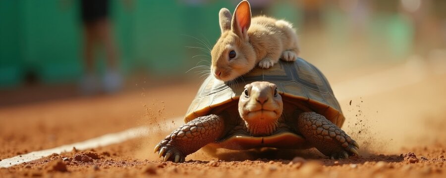 Small turtle runs on red clay track carrying cute rabbit on back. Funny animal competition features unlikely team racing fast. Joyful creature contest parody shows slow tortoise winning speed event
