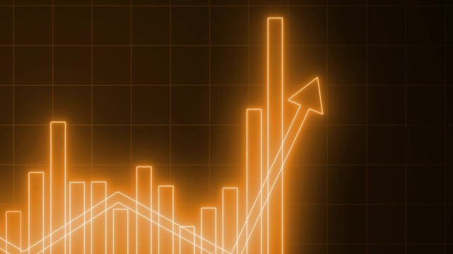 Neon-style histogram chart on black background with glowing edges, rising bars peaking mid-left then descending animation