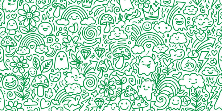 Hand Drawn Green Doodle Pattern with Nature and Whimsy.
