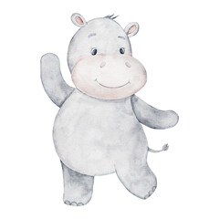 Watercolor Cute baby hippo, Safari animal. Hand painted cartoon illustration isolated on background. Hippopotamus clipart for wall sticker, poster, children book illustration, newborn print